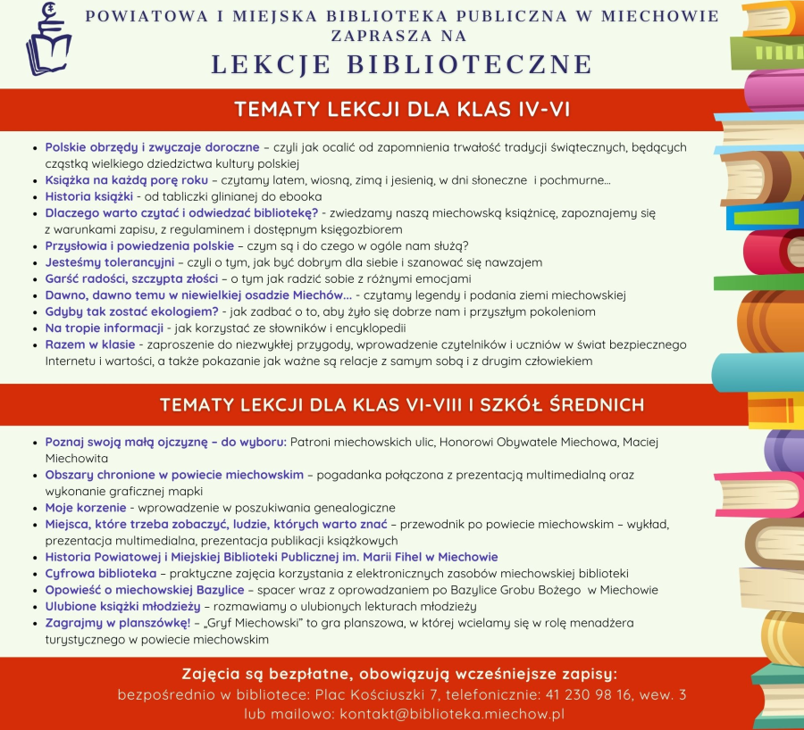 informacja o organizowanych lekcjach bibliotecznych dla klasy 4-6